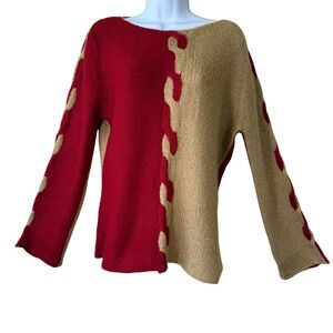 Spiegel Two Tone Cable Knit Braided Sweater Red Tan Long Sleeve Women's L Boho
